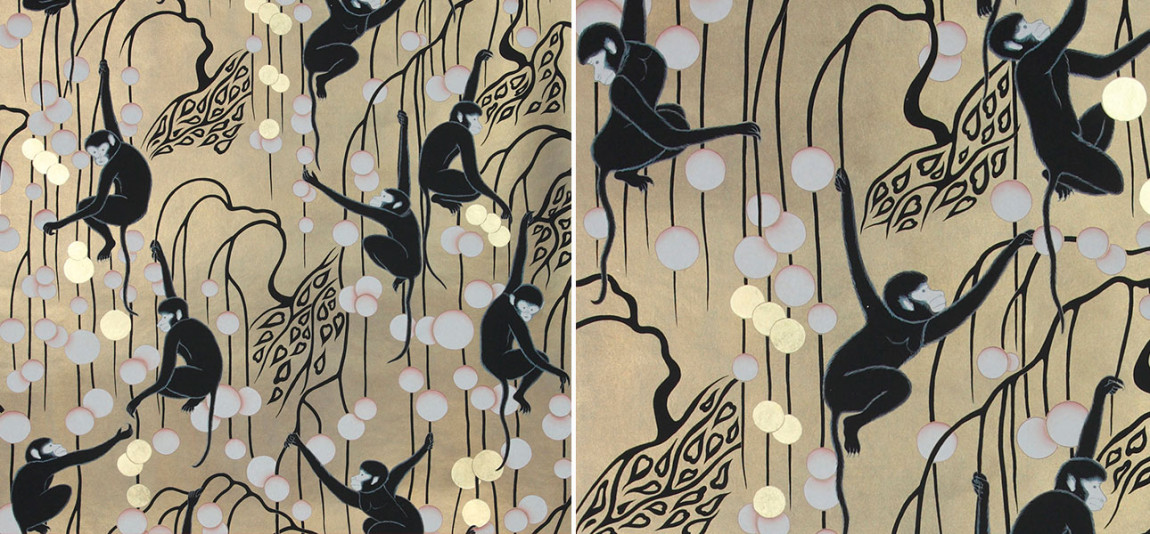 Обои ручная роспись Deco Monkeys Special Colourway on Brushed Gold gilded paper