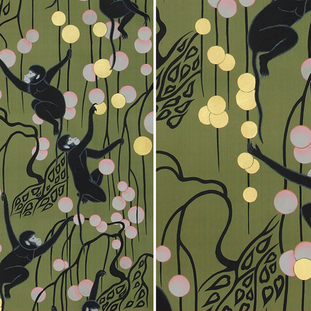 Обои ручная роспись Deco Monkeys Special Colourway on Olive dyed silk