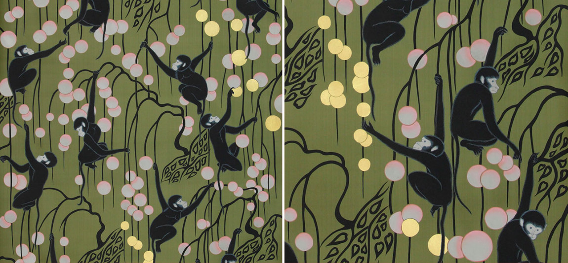 Обои ручная роспись Deco Monkeys Special Colourway on Olive dyed silk