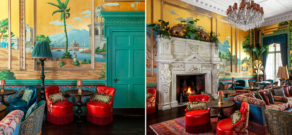 Обои ручная роспись Early Views of India Eden on Deep Rich Gold gilded paper