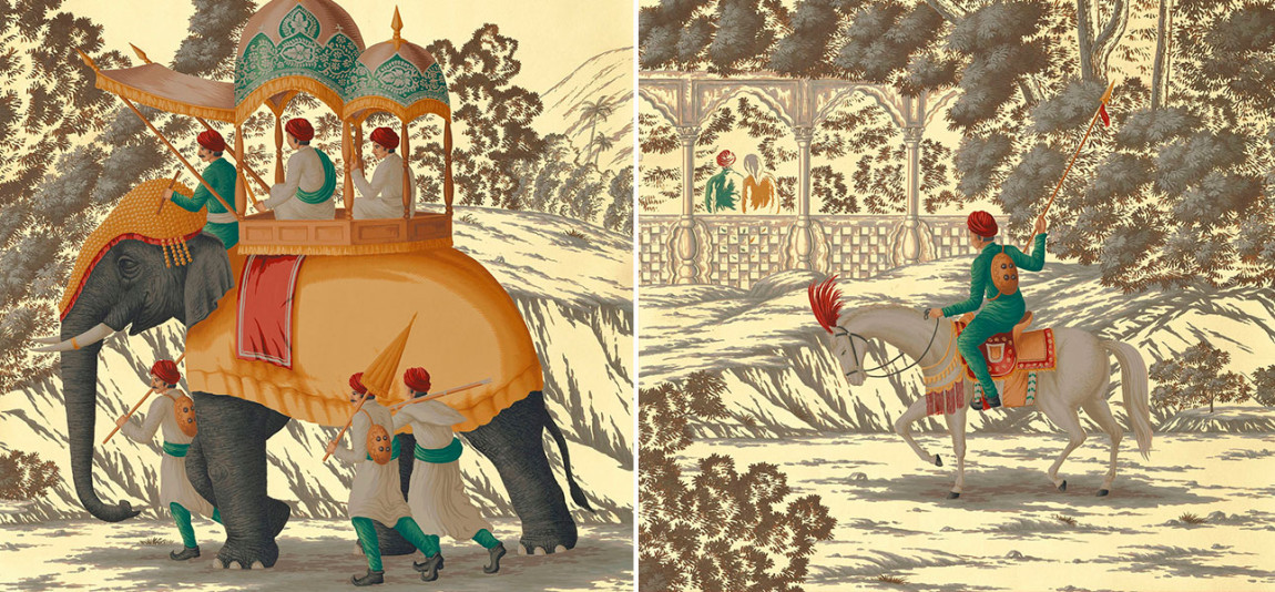 Обои ручная роспись Early Views of India Special Colourway on Deep Rich Gold gilded paper