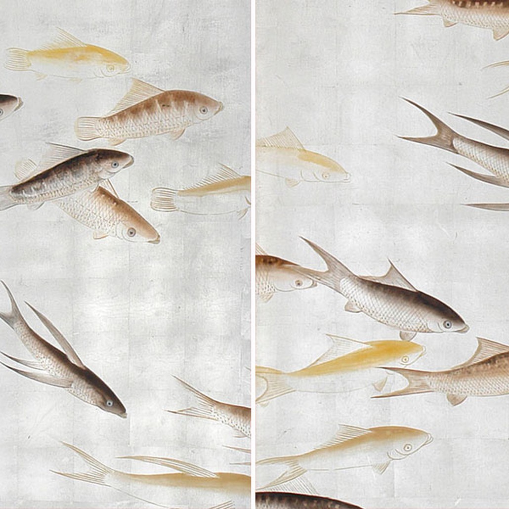 Обои ручная роспись Fishes Amber on Real Silver gilded silk