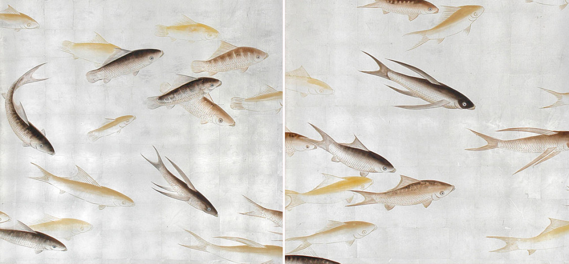 Обои ручная роспись Fishes Amber on Real Silver gilded silk