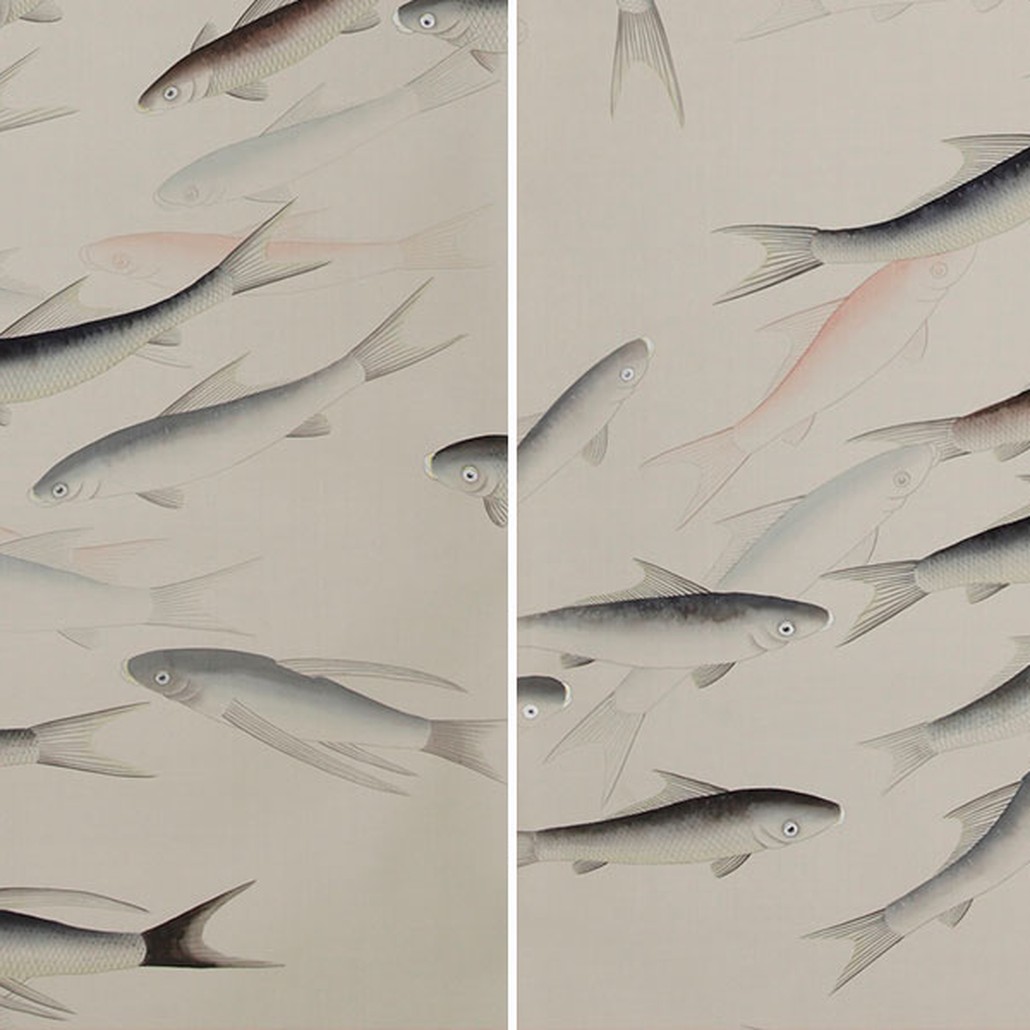 Обои ручная роспись Fishes Blue Pearl on Icefield dyed silk