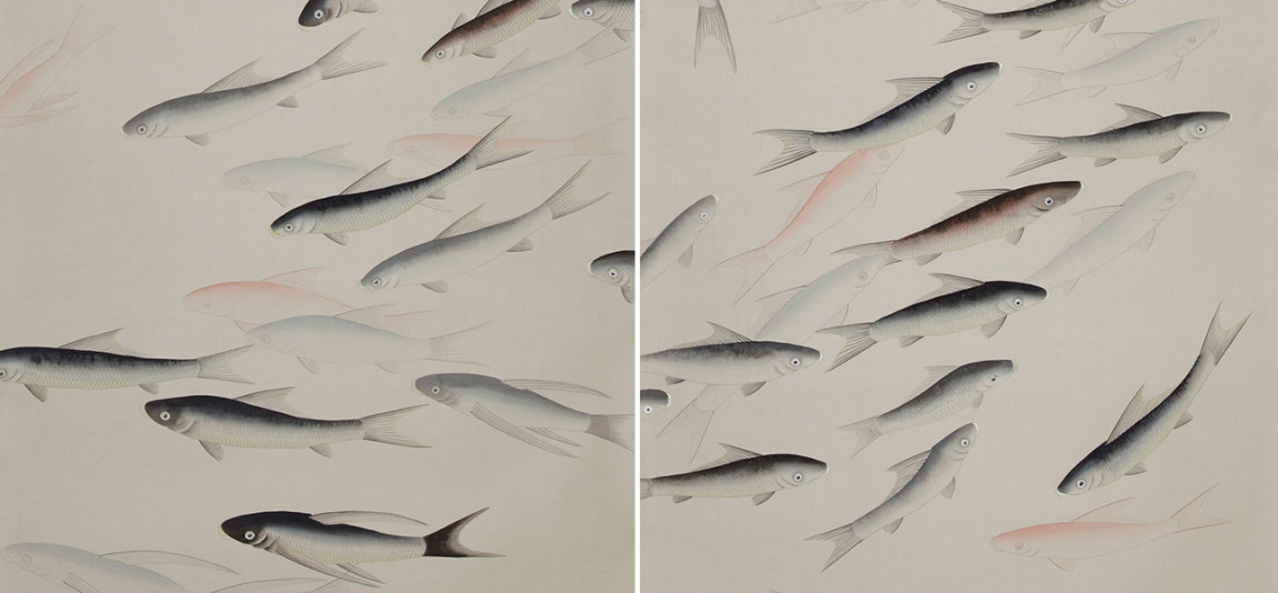 Обои ручная роспись Fishes Blue Pearl on Icefield dyed silk