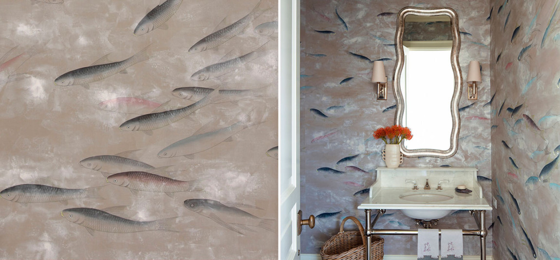 Обои ручная роспись Fishes Blue Pearl on Lead Grey dyed silk with antiquing