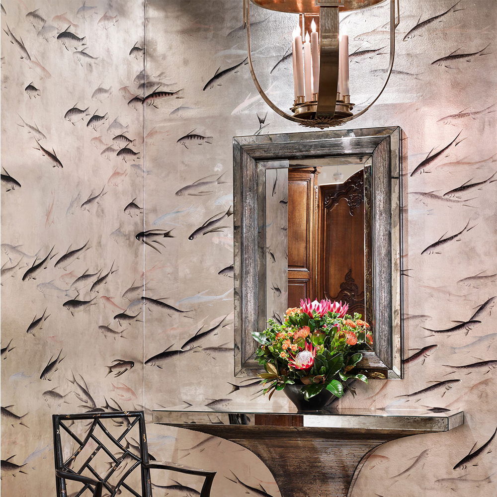 Обои ручная роспись Fishes Blue Pearl on Tarnished Silver gilded silk with pearlescent antiquing