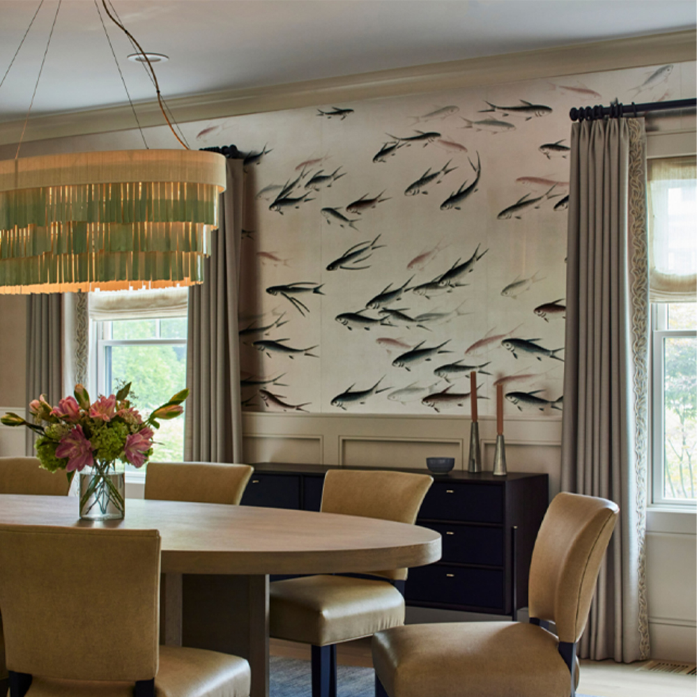 Обои ручная роспись Fishes Blue Pearl on Tarnished Silver gilded silk with pearlescent antiquing