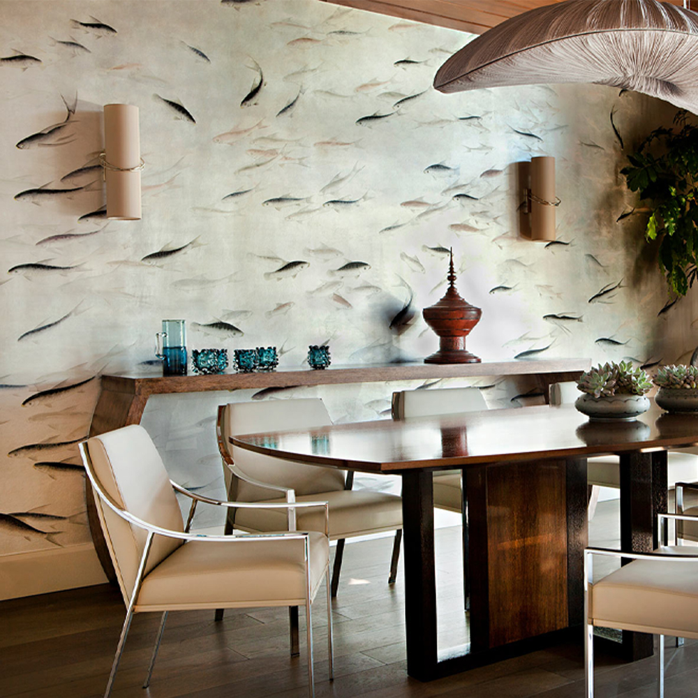 Обои ручная роспись Fishes Blue Pearl on Tarnished Silver gilded silk with pearlescent antiquing