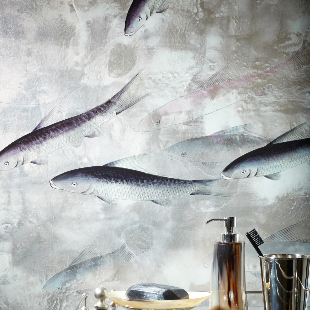 Обои ручная роспись Fishes Blue Pearl on Tarnished Silver gilded silk with pearlescent antiquing