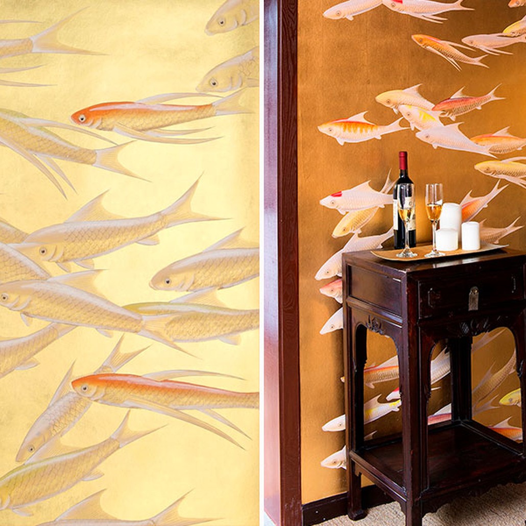 Обои ручная роспись Fishes Koi on Deep Rich Gold gilded paper