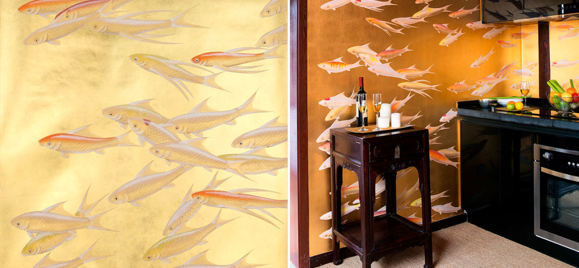 Обои ручная роспись Fishes Koi on Deep Rich Gold gilded paper