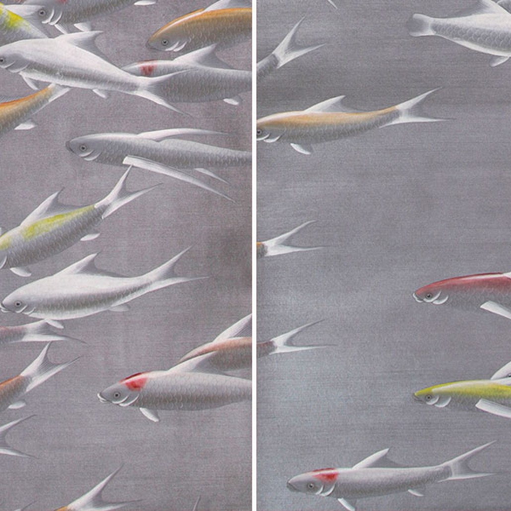 Обои ручная роспись Fishes Koi on Flash metallic Xuan paper