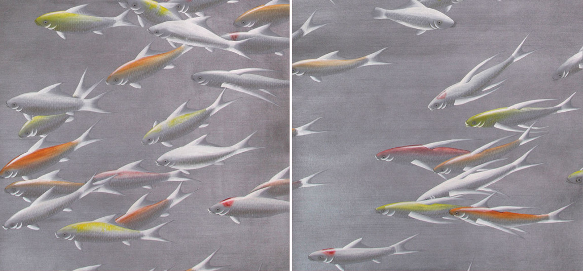 Обои ручная роспись Fishes Koi on Flash metallic Xuan paper