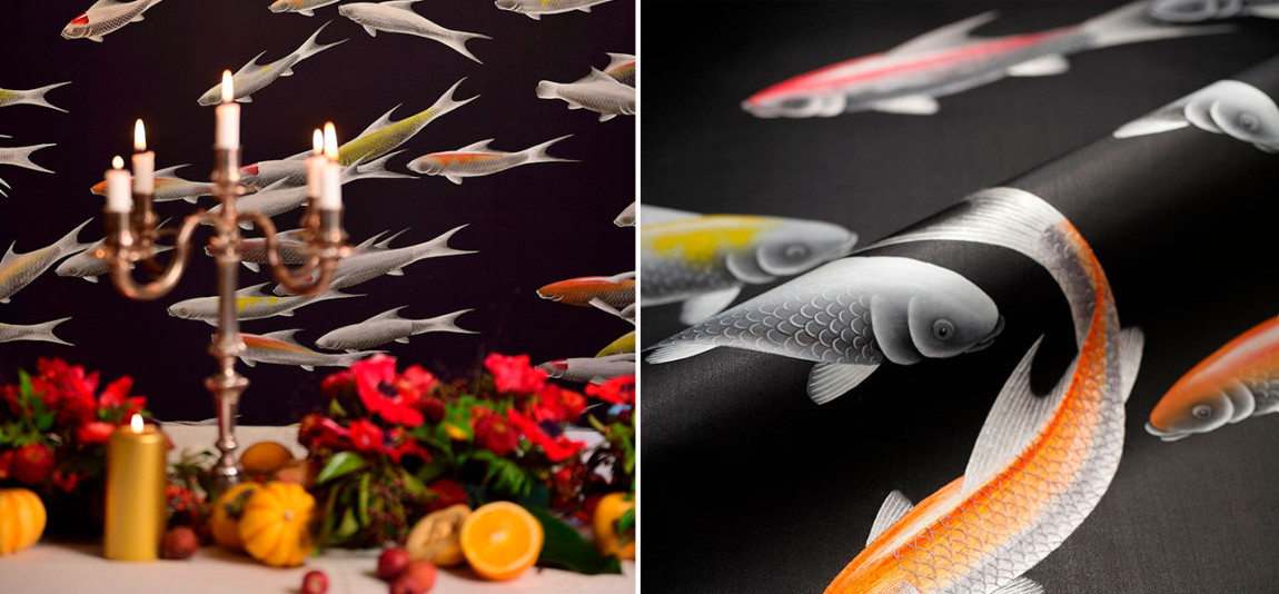 Обои ручная роспись Fishes Koi on Pitch dyed silk