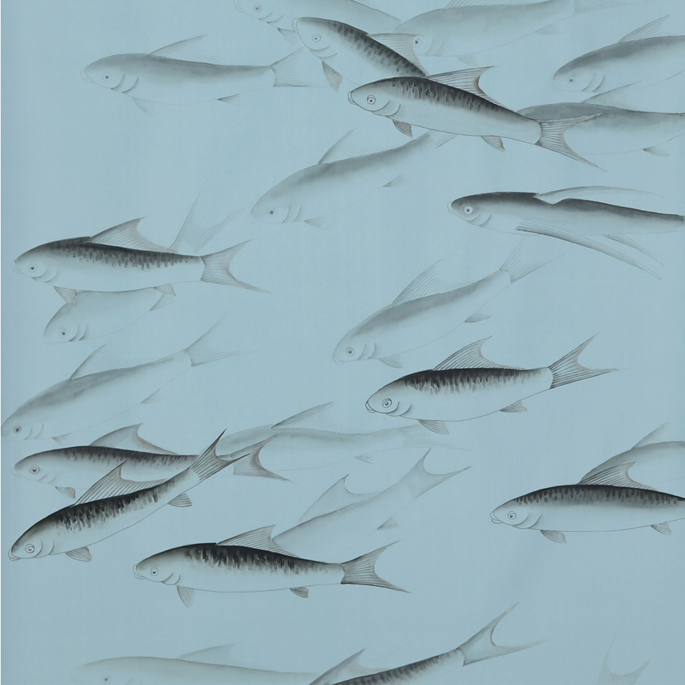 Обои ручная роспись Fishes Original colourway on Duck Egg dyed silk