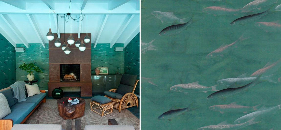 Обои ручная роспись Fishes Special Colourway on blue green painted silk with antiquing