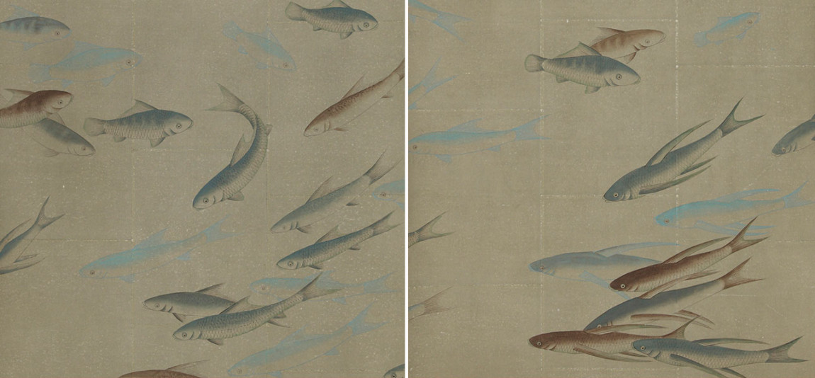 Обои ручная роспись Fishes Special Colourway on Lead Grey India tea paper