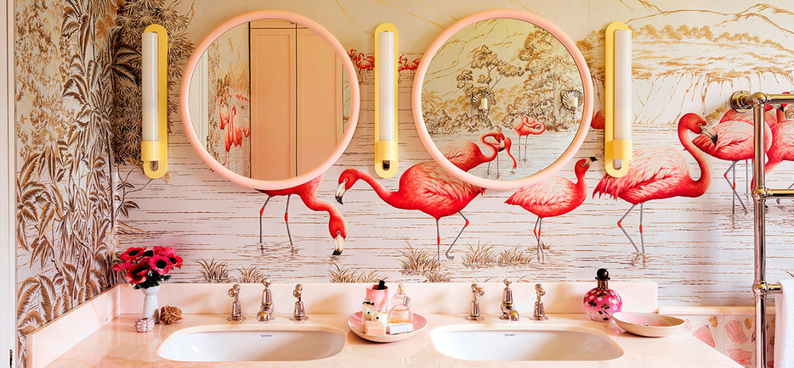 Обои ручная роспись Flamingos Colourway SC-120 on Sterling Silver gilded Xuan paper