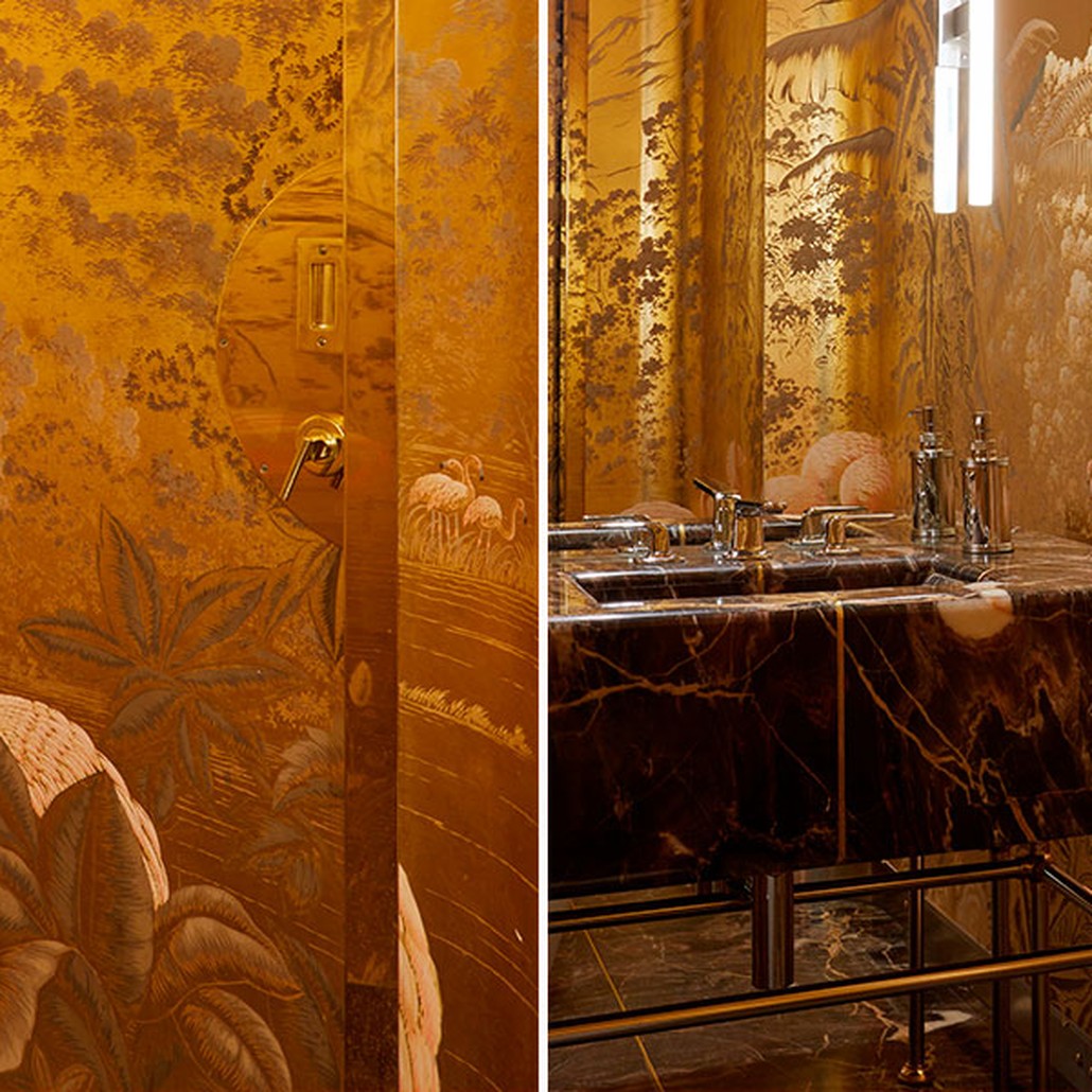 Обои ручная роспись Flamingos Flamingo on Deep Rich Gold gilded paper