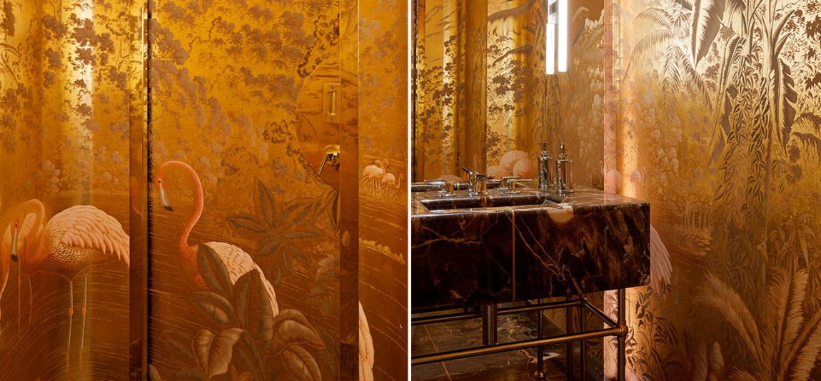 Обои ручная роспись Flamingos Flamingo on Deep Rich Gold gilded paper