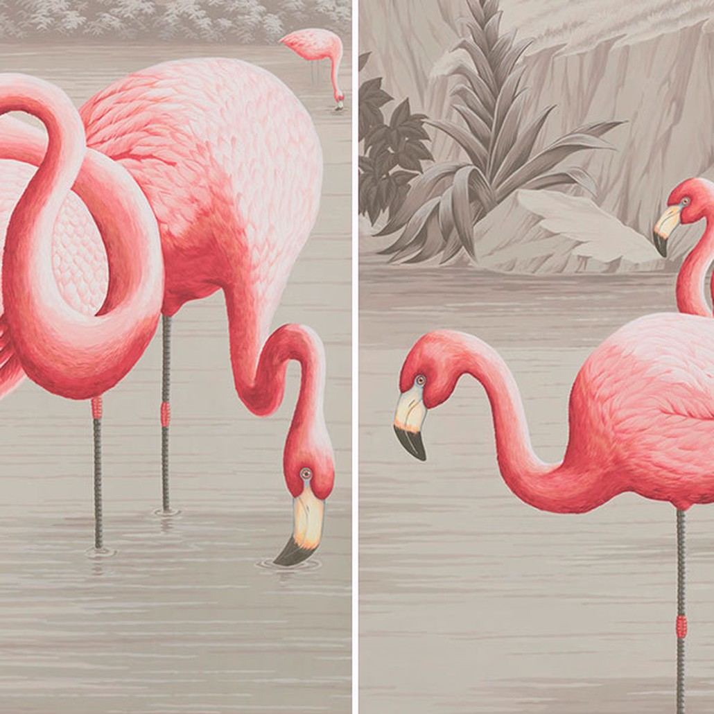 Обои ручная роспись Flamingos Flamingo on Eau Forte scenic paper