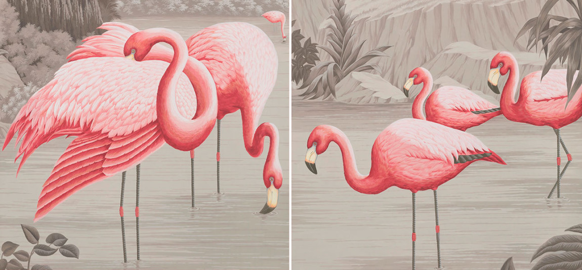 Обои ручная роспись Flamingos Flamingo on Eau Forte scenic paper