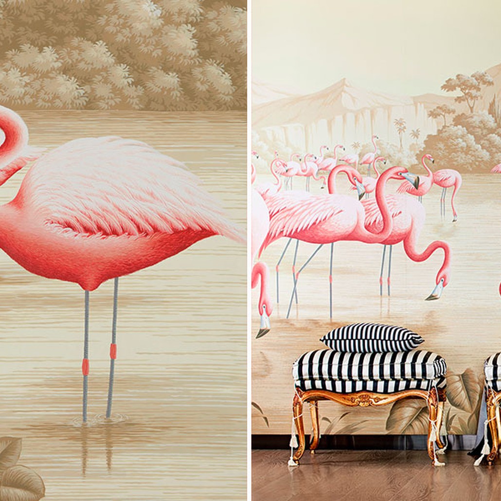 Обои ручная роспись Flamingos Flamingo on Sepia scenic paper