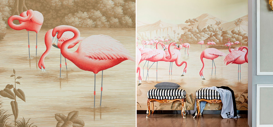 Обои ручная роспись Flamingos Flamingo on Sepia scenic paper