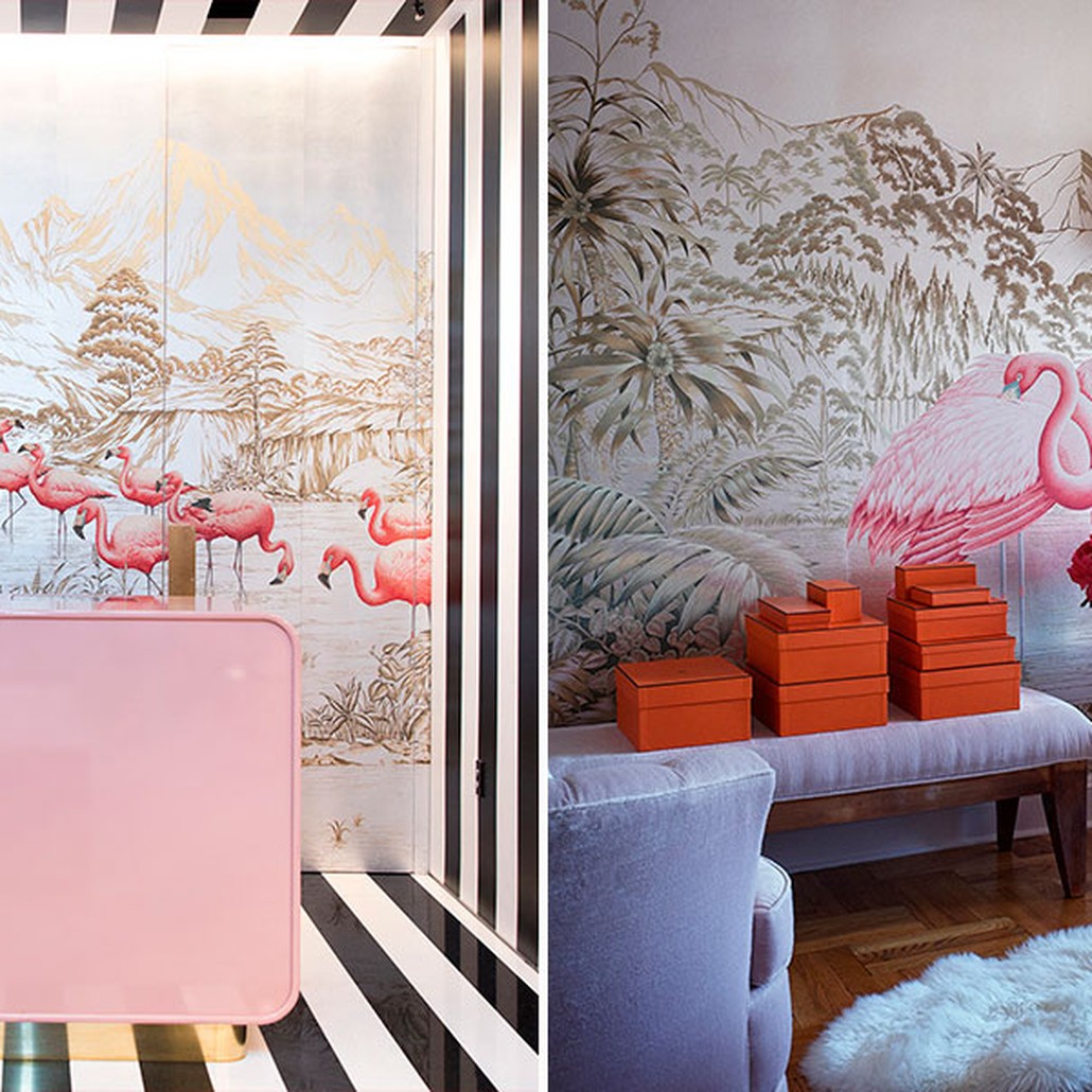 Обои ручная роспись Flamingos Flamingo on Tarnished Silver gilded Xuan paper