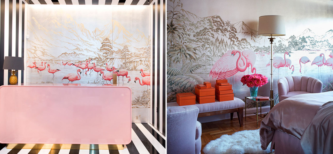 Обои ручная роспись Flamingos Flamingo on Tarnished Silver gilded Xuan paper