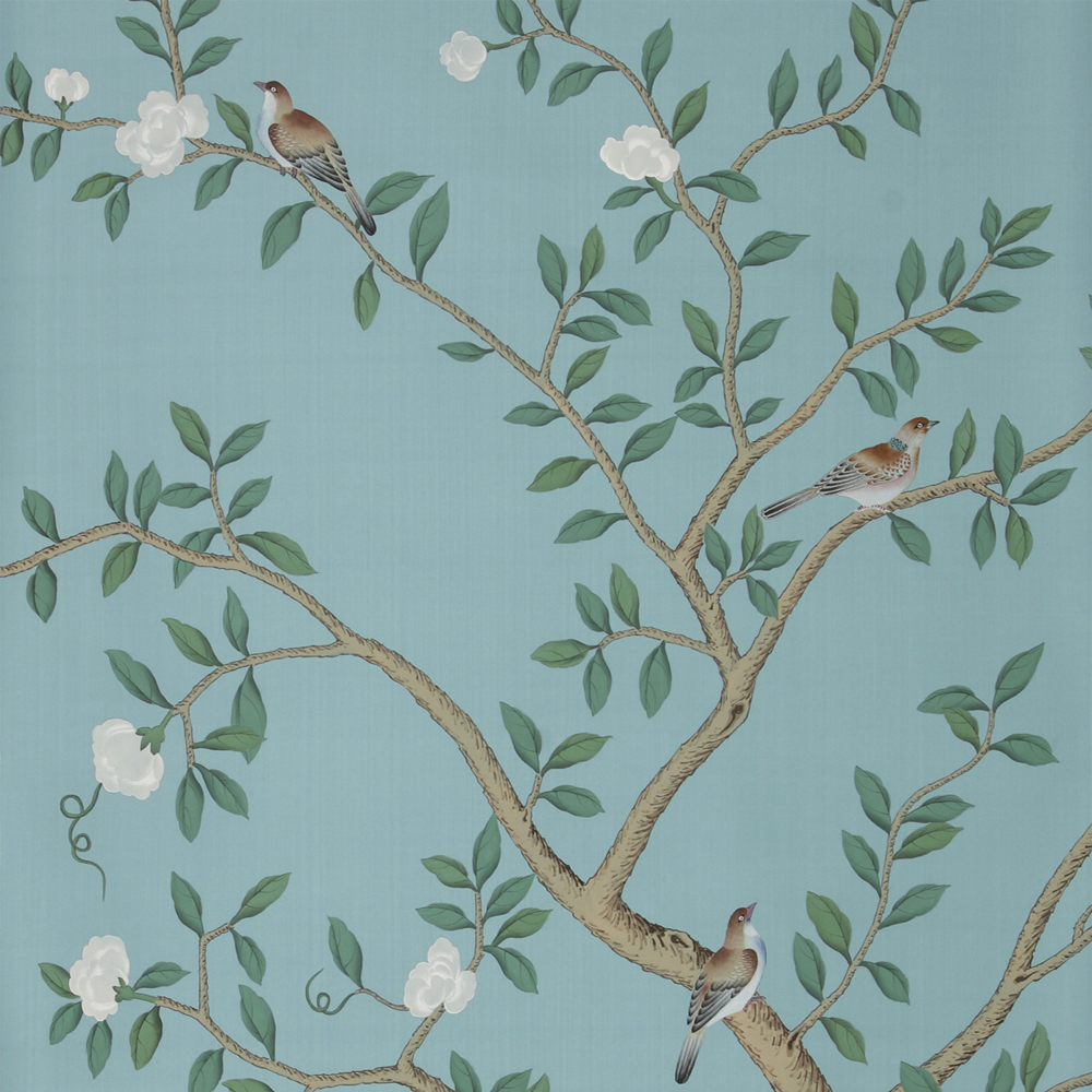 Обои ручная роспись Gustavian Garden Special Colourway on Duck Egg dyed silk