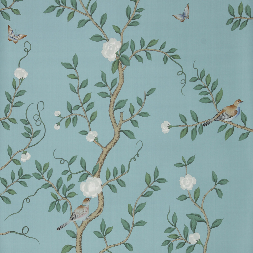 Обои ручная роспись Gustavian Garden Special Colourway on Duck Egg dyed silk
