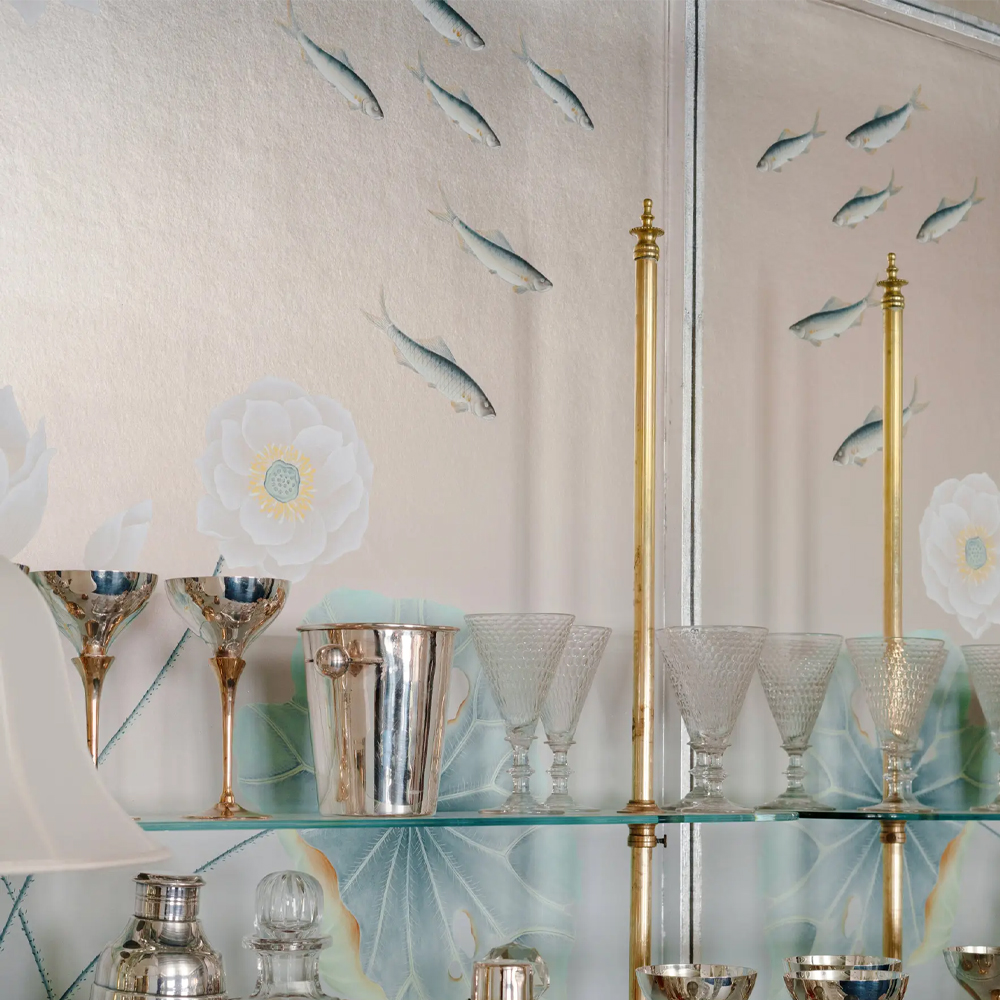 Обои ручная роспись Jakuchu Original colourway on Tarnished Silver gilded paper