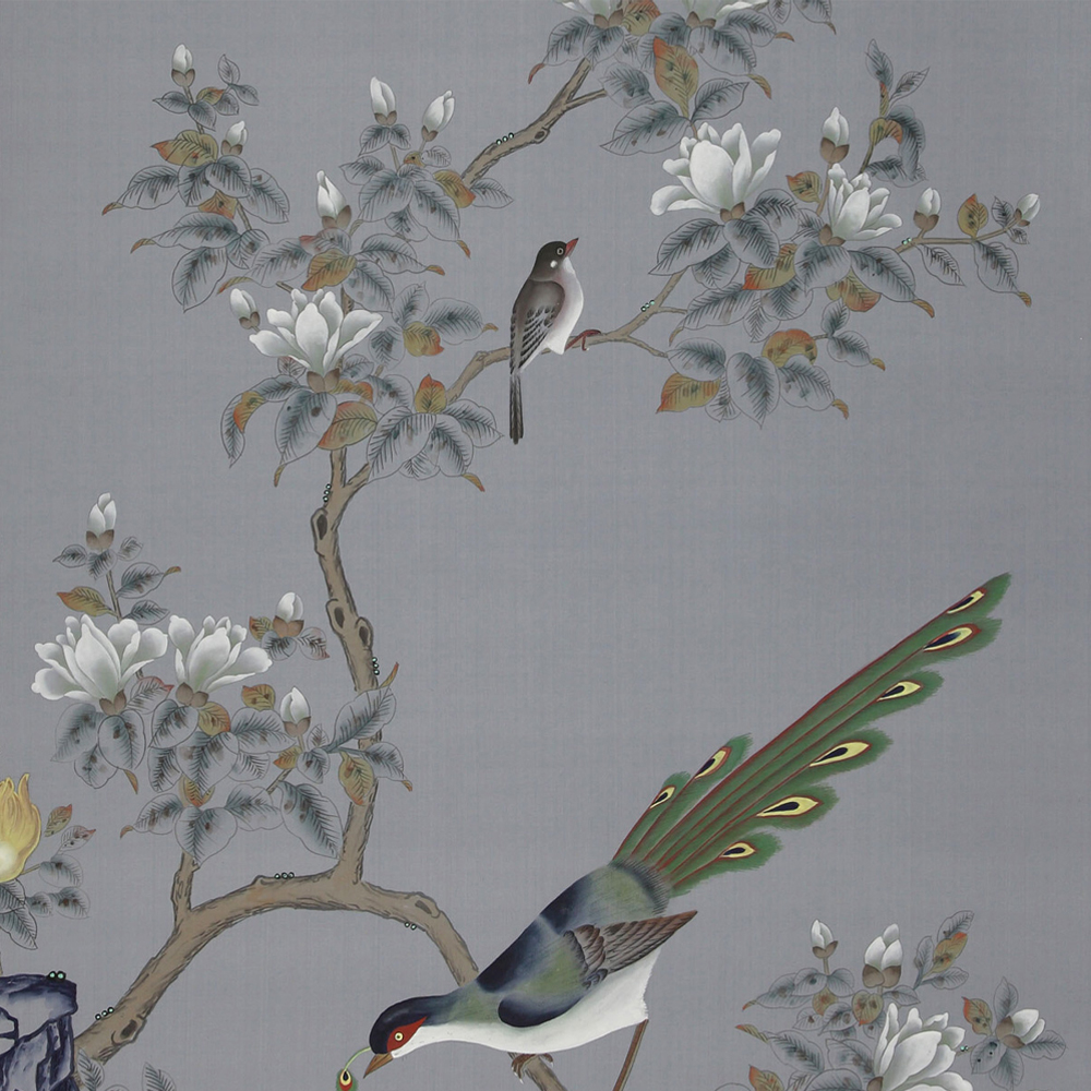 Обои ручная роспись Japanese Garden Original colourway on Gun Metal dyed silk