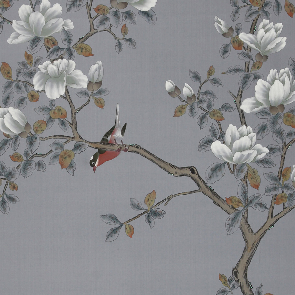 Обои ручная роспись Japanese Garden Original colourway on Gun Metal dyed silk