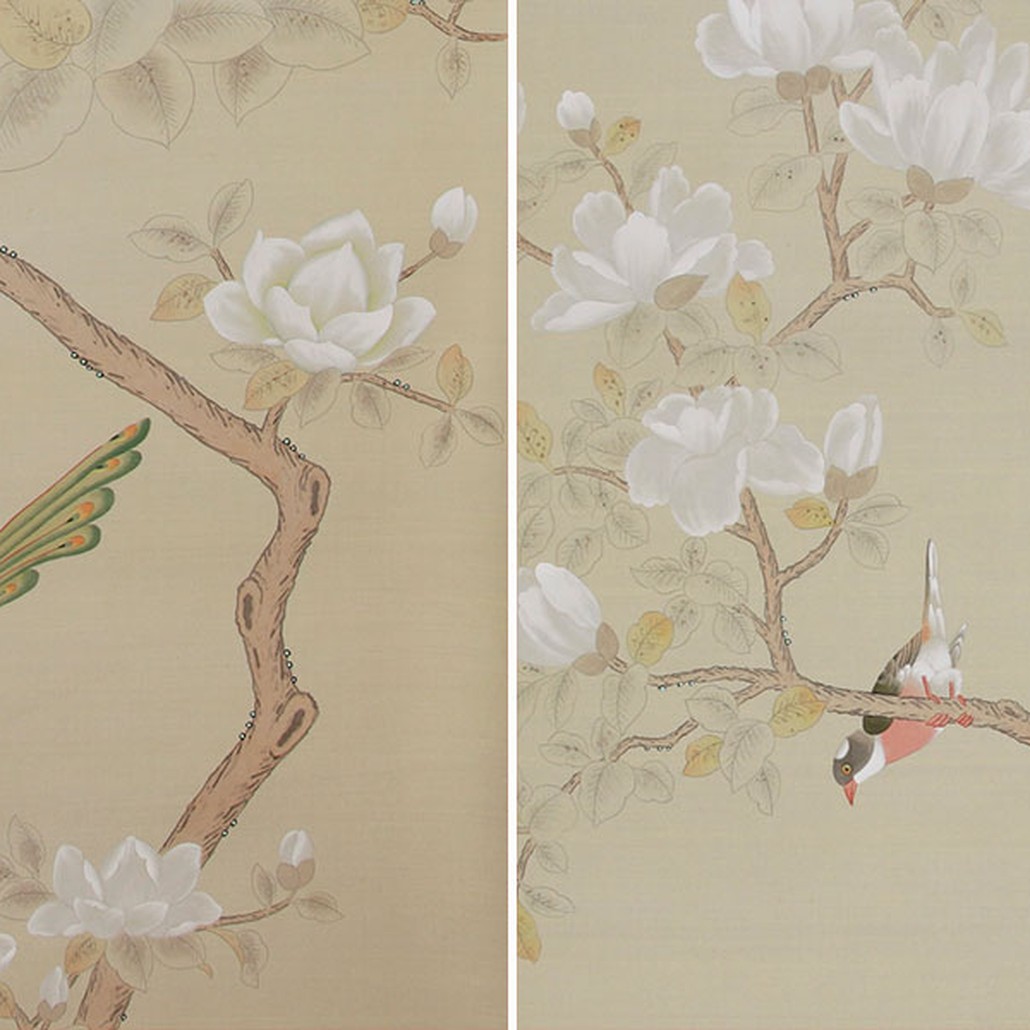 Обои ручная роспись Japanese Garden Special Colourway on Faint Gold metallic silk