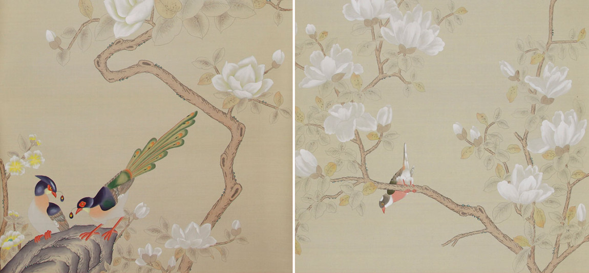 Обои ручная роспись Japanese Garden Special Colourway on Faint Gold metallic silk