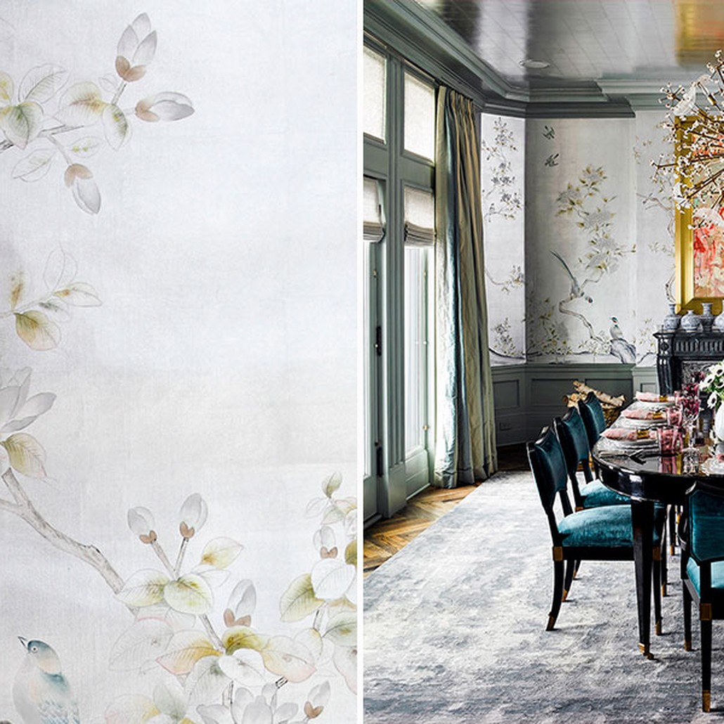 Обои ручная роспись Japanese Garden Special Colourway on Ocean Silver gilded silk