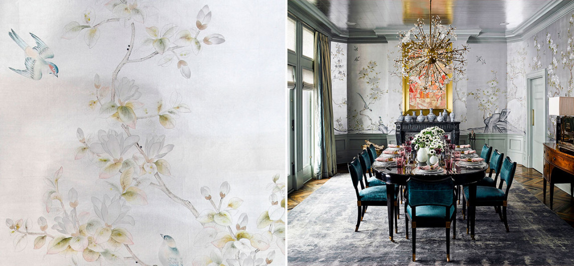 Обои ручная роспись Japanese Garden Special Colourway on Ocean Silver gilded silk