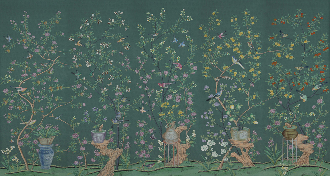 Обои ручная роспись Jardinieres & Citrus Trees Blue green