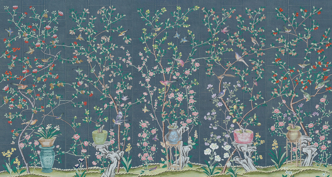 Обои ручная роспись Jardinieres & Citrus Trees Dark Blue