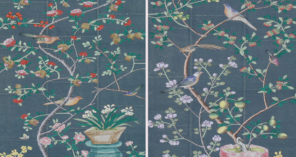 Обои ручная роспись Jardinieres & Citrus Trees Dark Blue