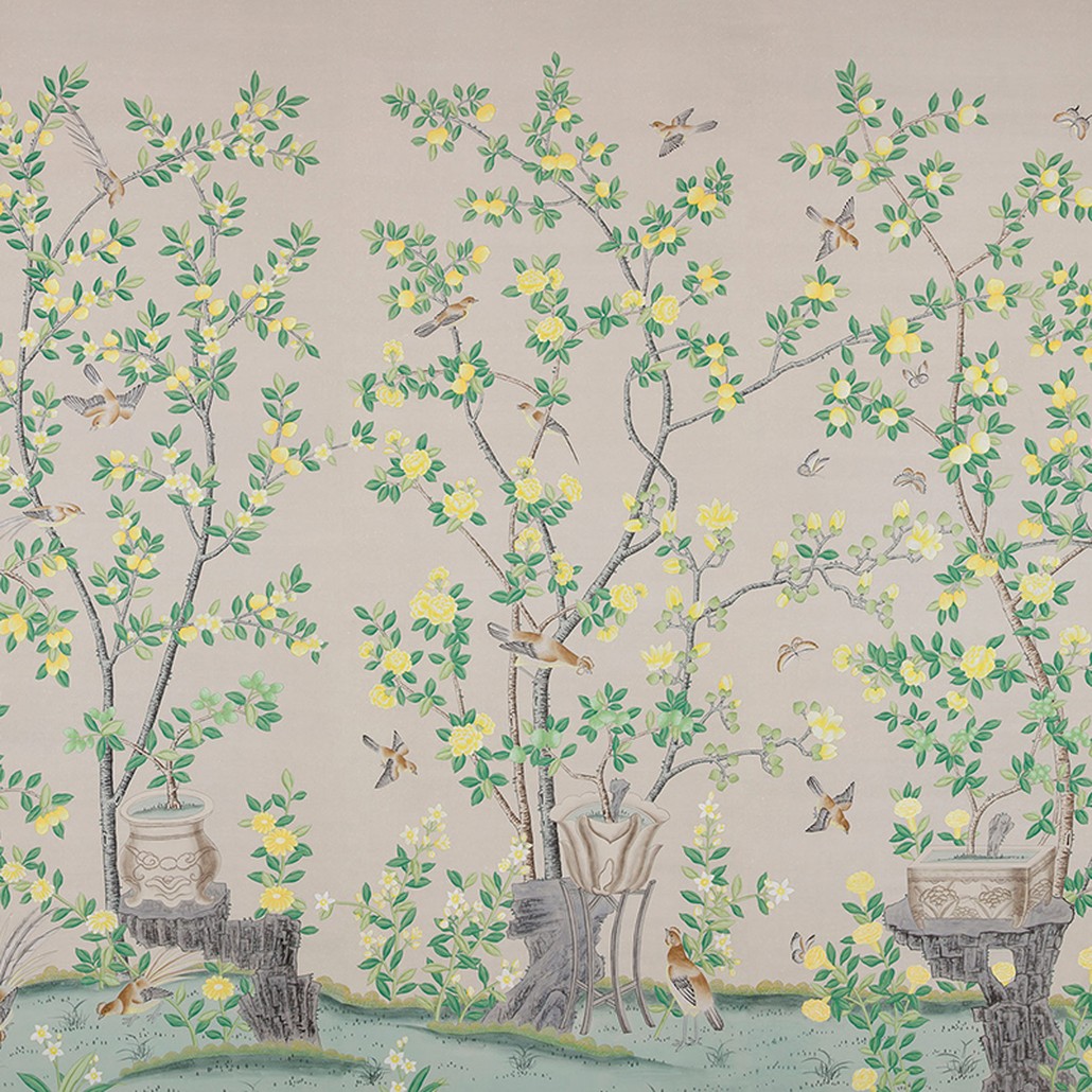 Обои ручная роспись Jardinieres & Citrus Trees Silver metallic