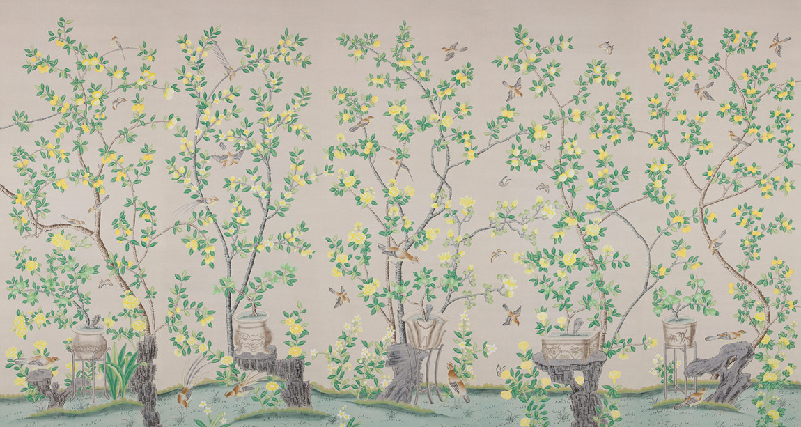 Обои ручная роспись Jardinieres & Citrus Trees Silver metallic