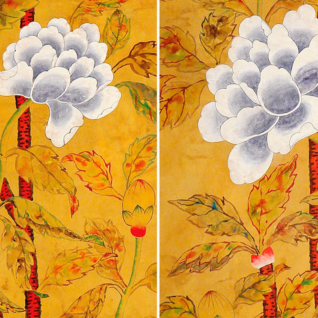 Обои ручная роспись Korean Peony Original colourway on Edo Golden Brown painted silk