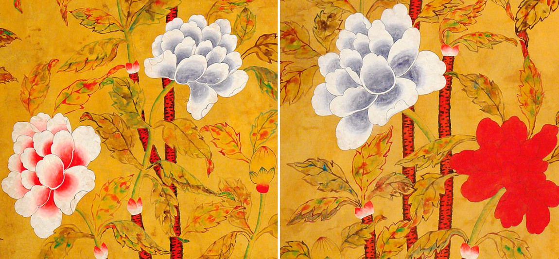 Обои ручная роспись Korean Peony Original colourway on Edo Golden Brown painted silk