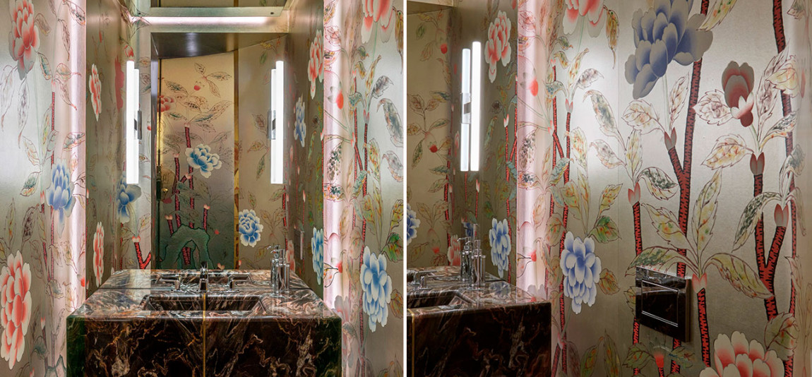 Обои ручная роспись Korean Peony Original colourway on Ocean Silver gilded silk with pearlescent antiquing