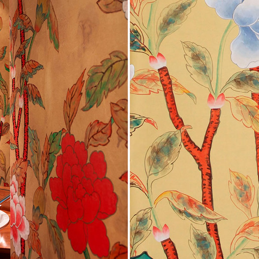 Обои ручная роспись Korean Peony Original colourway on Sienna Earth dyed silk