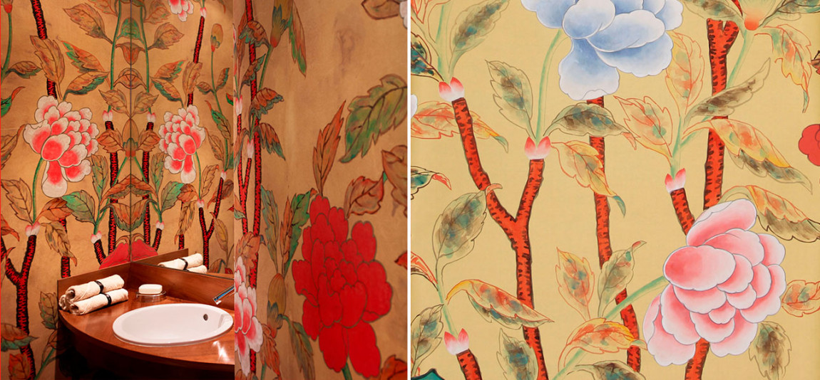 Обои ручная роспись Korean Peony Original colourway on Sienna Earth dyed silk